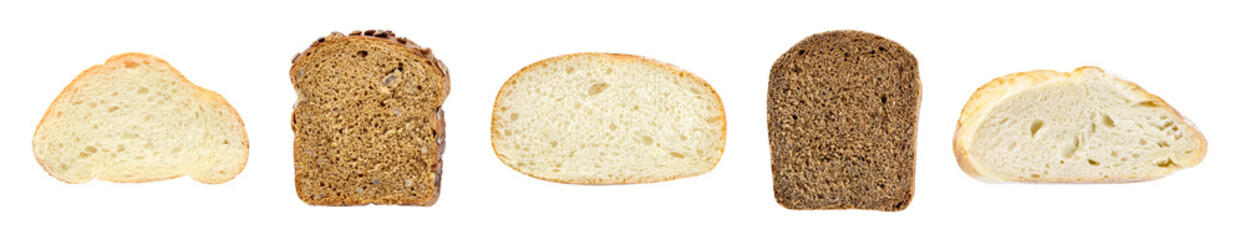 Bakery products baking sliced pieces, set of white and dark bread, isolated on white background