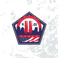 American flags flies through the white light Twin Towers. 9-11 Patriot Day. We Will Never Forget. September 11, 2001 against the background of the shield and the Twin Towers in the skyline of New York