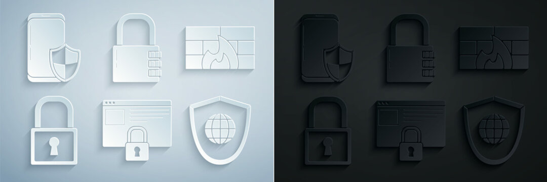 Set Secure your site with HTTPS, SSL, Firewall, security wall, Lock, Shield world globe, Safe combination lock and Smartphone shield icon. Vector