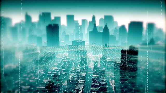 4k Big Data Digital City;binary code.Smart city and communication network.