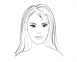 Lady facial ink sketch with modern hairstyle. Young woman aesthetic face with sexy eye and elegant look silhouette on white. Cosmetic outline drawing, vector illustration
