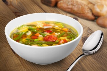 Bowl with tasty fresh traditional pea soup on the table