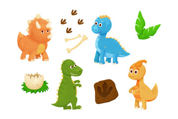 Set cute baby dinosaurs with dino egg, footprint, jurassic leaves and bones in cartoon style childish decoration isolated on white background. Ancient wild characters.