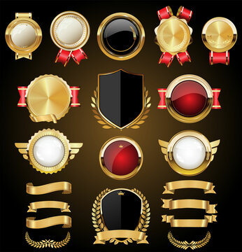 Vector medieval golden shields laurel wreaths and badges collection 