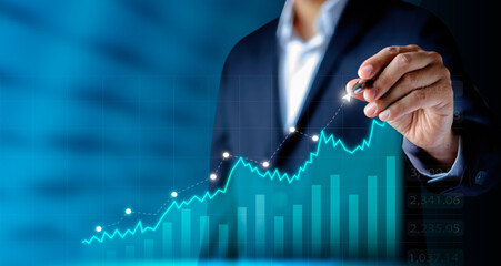 Businessman hand working draw on point arrow graph economic growth success chart. Analysis strategy data digital communication online connection. Business finance technology and marketing concept.