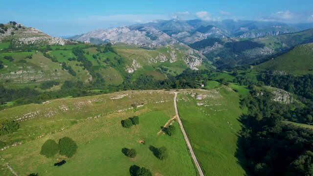 Landscape from the surroundings of the town of Solana near the Caves of Sope&ntilde;a. Aerial view from a drone of the landscape in summer in the Miera Valley. Cantabria, Spain, Europe