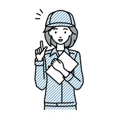 立って書類を手に持って何かひらめいた作業員の女性