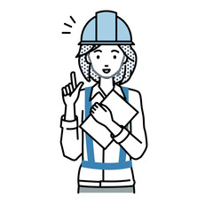 立って書類を手に持って何かひらめいた工事現場の女性