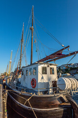 Denmark, Faaborg, 04-09-2021 old fishing cutter. in classic blue color, wooden wheelhouse © LeonHansenPhoto