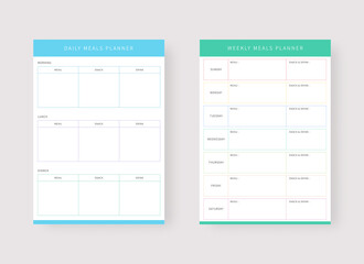 Daily meals and weekly meals planner template. Set of planner and to do list. Modern planner template set. Vector illustration.