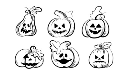 Set cute Halloween pumpkins with evil scary smile in funny hand drawing doodle sketch style.