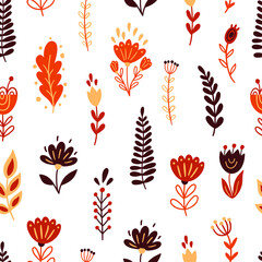 Autumn floral elements, flowers, leaves in doodle style.