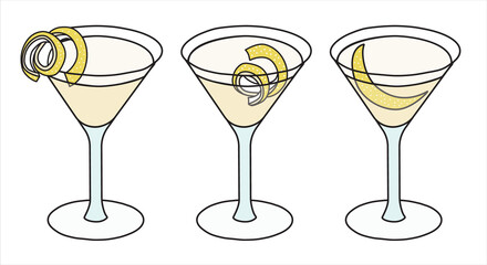Vesper or Corpse Reviver classic IBA listed cocktail in highball glass. A collection set of three gin based transparent drinks garnished with lemon twist. Stylish doodle cartoon vector illustration