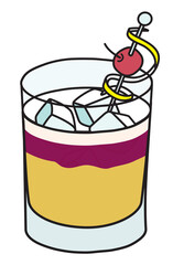 New York Sour classic IBA listed cocktail in rocks glass. A Whiskey or Bourbon based drink garnished cherry and lemon twist. Stylish hand-drawn doodle cartoon hipster style vector illustration