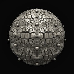 An isolated sphere with recursive 3D fractal structures and a dark background.