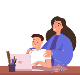 Parent or Teacher and son boy sitting at desk with laptop PC, studying online together.Mother and kid watching, reading and learning at home.Flat vector illustration of mom and son isolated on white