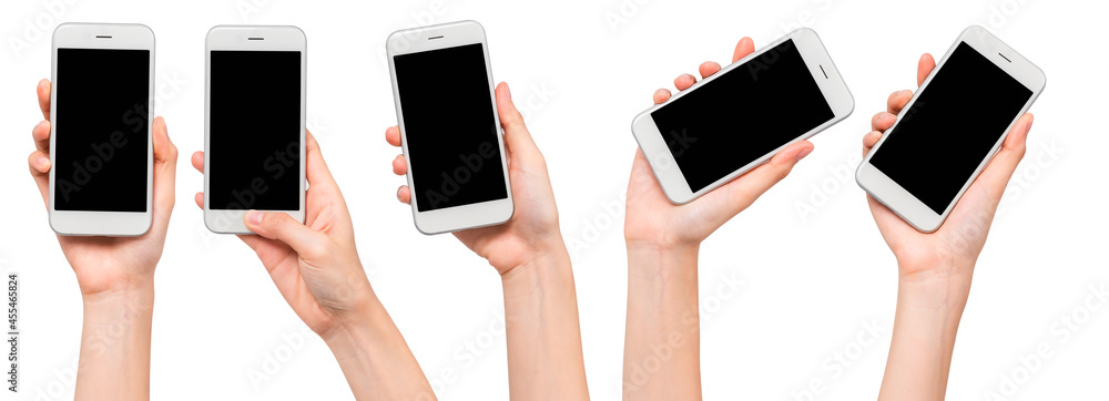 Aufkleber gesture collection of hand holding smartphone with blank screen, mock-up for application mobile, mod