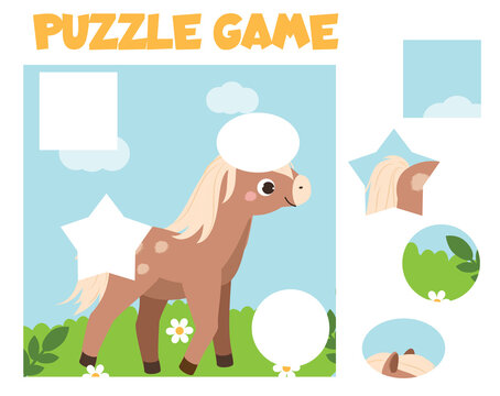 Puzzle for toddlers. Match pieces and complete picture of horse. Educational game for children