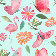 Seamless watercolor pattern illustration with butterflies, flamingos, flowers and leaves on turquoise background