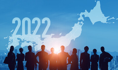 2022年ビジネス向け新年イメージ　日本地図と人々　年賀状