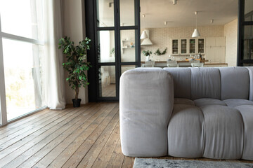 Cozy grey couch in modern living room interior with wooden floor and big window. Home decor, interior design