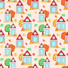 Fototapeta na wymiar Autumn houses bright beautiful seamless pattern. Fall background with houses, colorful leaves, trees and pumpkins. Template for wallpaper, packaging, fabric and product design vector illustration