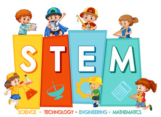 STEM education logo with many children on white background