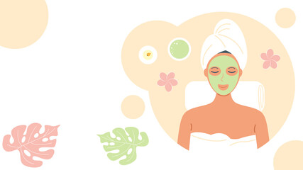 Woman in a spa salon, in a towel with a mask on her face. Skin care, beauty concept. Banner with copy space. Vector stock illustration. 