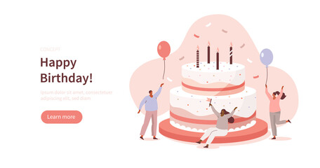 People celebrating birthday party. Characters standing near birthday cake and holding balloons. Happy birthday concept. Flat cartoon vector illustration.