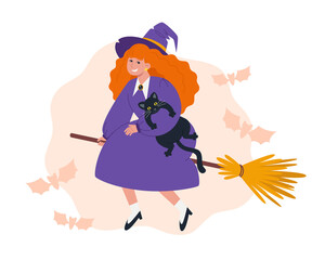 A witch in a purple dress and hat flies on a witch's broomstick with a black cat