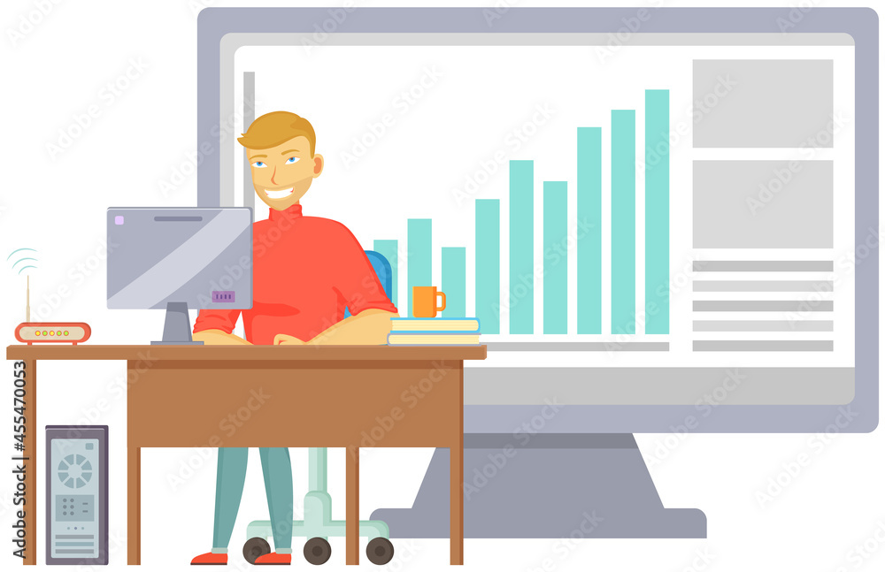 Aufkleber working male character employee in office sitting at table with computer typing on keyboard communic