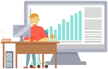 Working male character employee in office sitting at table with computer typing on keyboard communicating. Man freelancer sitting at home with laptop. Young clerk at desk with tablet pc doing his work