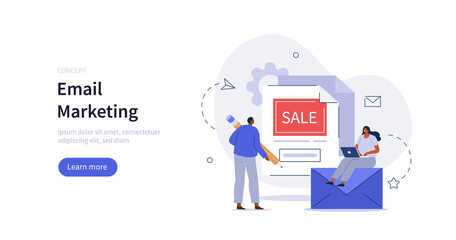 Characters writing content for advertising mail or promotional offer with sales and discounts. E-mail marketing and promotion concept. Flat cartoon vector illustration isolated.