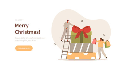 People characters standing near big Christmas gift stack and celebrating 2022 New Year holidays. Winter holiday celebration concept. Flat cartoon vector illustration isolated.