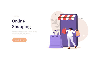 
Character buying goods online on mobile internet marketplaces. Woman shopping online in mobile app. Ecommerce and retail concept. Flat cartoon vector illustration.
