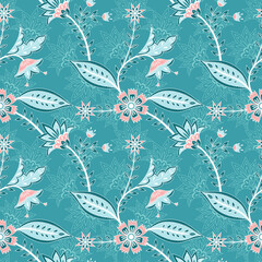 Bloem chintz Indiase patroon naadloze vector. Botanische batik Paisley achtergrond. Zijden bloemenprintontwerp voor dameskleding, interieurbehang, huishoudtextiel, inpakpapier.
