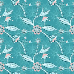 No drill roller blinds Turquoise Flower chintz indian pattern seamless vector. Botanical batik paisley background. Silk floral print design for women clothing, interior wallpaper, home textile, wrapping paper.