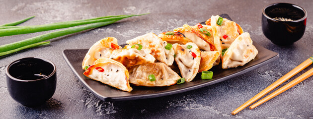 Fried dumplings served with green onions.