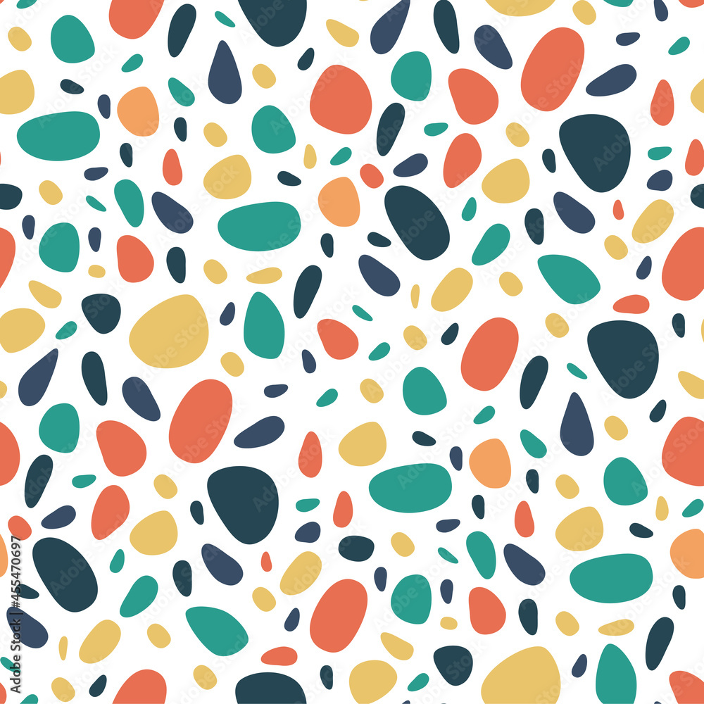 Poster abstract seamless pattern with colorful pebbles on white. bright stone mosaic terrazzo background