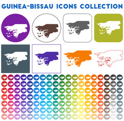 Guinea-Bissau icons collection. Bright colourful trendy map icons. Modern Guinea-Bissau badge with country map. Vector illustration.