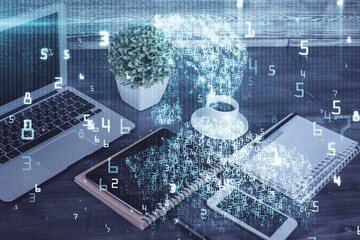 Double exposure of data theme drawing and mobile phone background. Concept of innovation