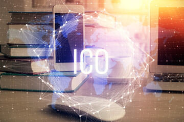 Double exposure of blockchain theme drawing and cell phone background. Concept of cryptomarket