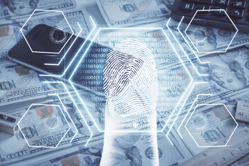 Double exposure of finger print scan drawing over usa dollars bill background. Concept of security of safe access.