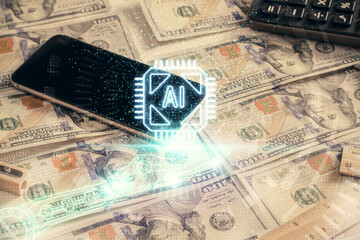 Double exposure of data theme drawing over us dollars bill background. Technology concept.