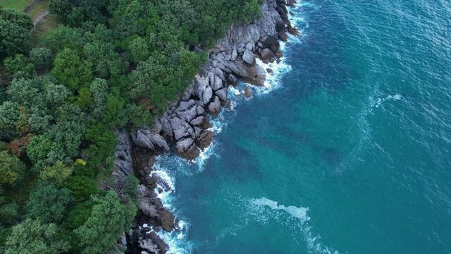 Aerial view from a drone in the surroundings of La Ballena in Sonabia. Municipality of Castro, Cantabrian Sea, Cantabria, Spain, Europe