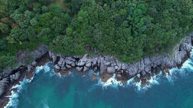 Aerial view from a drone in the surroundings of La Ballena in Sonabia. Municipality of Castro, Cantabrian Sea, Cantabria, Spain, Europe
