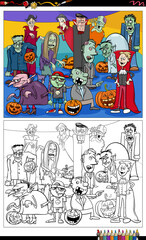 cartoon scary Halloween characters group coloring book page