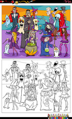 cartoon spooky Halloween characters group coloring book page