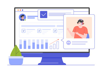 Monitor with a dashboard with data, checklists, charts. Personal productivity. Online phone call with the coach. Vector flat illustration.