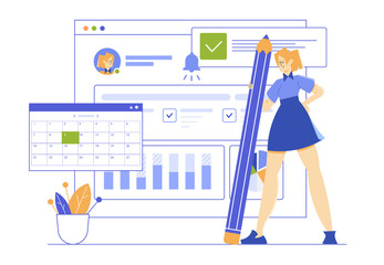 Girl with a giant pencil at a dashboard with data and graphs, a calendar. Employee schedule, online task manager. Personal productivity. Vector flat illustration.